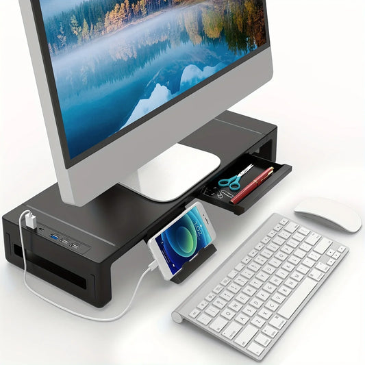 Höhenverstellbarer Monitorständer mit Schublade und USB-Hub
