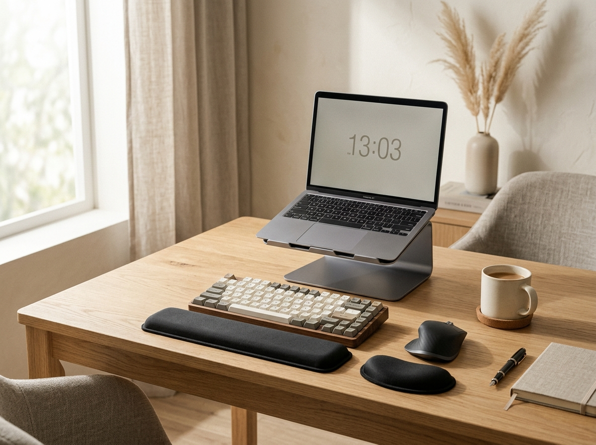 Ergonomie-Set: Laptopständer und ergonomische Handgelenkauflage auf einem Holzschreibtisch