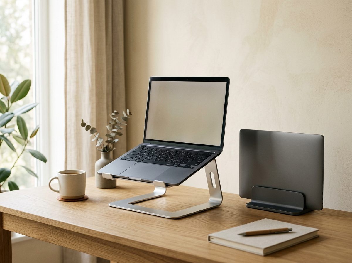 Laptopständer-Kollektion: Aluminium-Laptopständer und vertikaler Laptop-Dock auf einem Holzschreibtisch