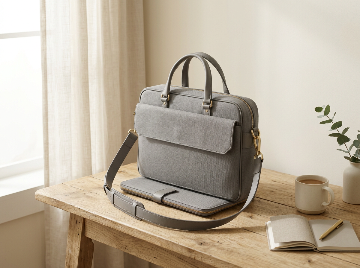 Laptoptaschen-Kollektion: elegante Business-Laptoptasche auf einem Holztisch