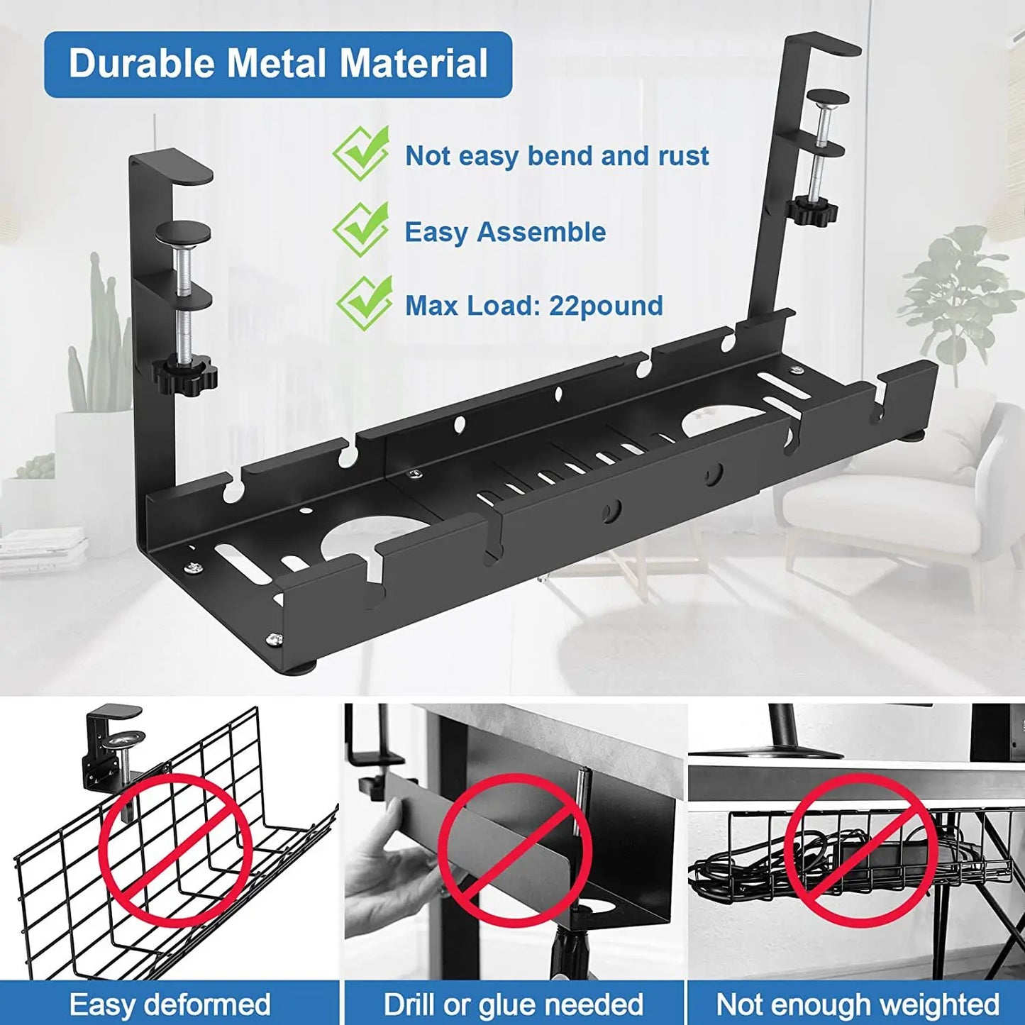 Unter-Schreibtisch Kabelhalter – Ausziehbare Metall-Kabelwanne ohne Bohren