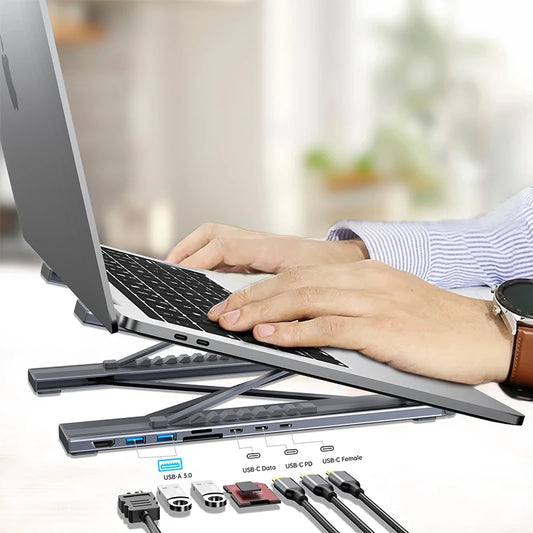 8-in-1 USB-C Laptopständer mit Dockingstation – HDMI 4K, USB 3.0 & 100 W Power Delivery aus Aluminium
