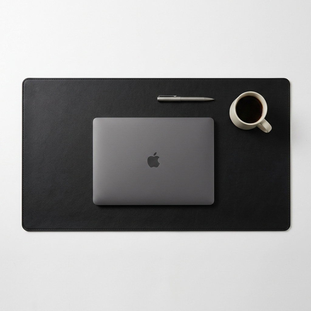 Schreibtisch-Matte aus PU-Leder – Flat-Lay-Ansicht auf dem Schreibtisch
