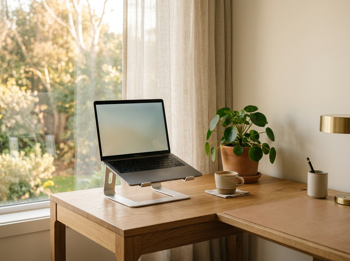 Ergonomischer Homeoffice-Arbeitsplatz: Laptop auf einem Aluminium-Ständer an einem Holzschreibtisch im warmen Morgenlicht