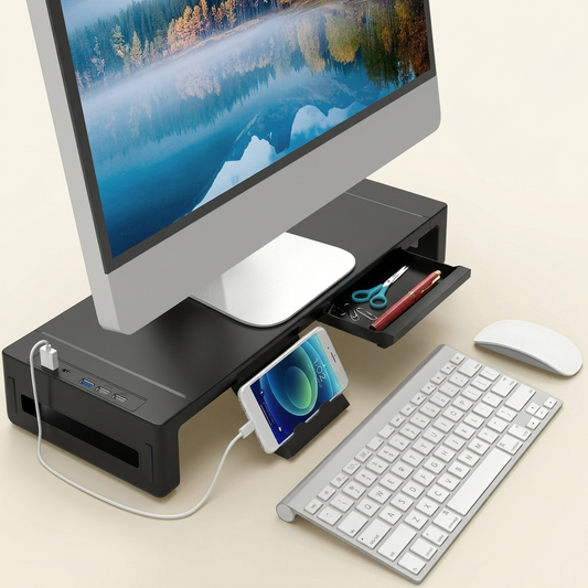 Höhenverstellbarer Monitorständer mit Schublade und USB-Hub